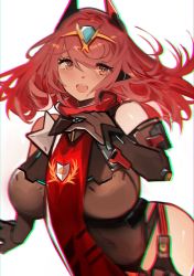 Rule 34 | 1girl, alternate costume, breasts, chest jewel, cosplay, highres, large breasts, poppi (xenoblade), poppi qtpi (xenoblade), poppi qtpi (xenoblade) (cosplay), pyra (xenoblade), red eyes, red hair, scarf, short hair, simple background, solo, swept bangs, tarbo (exxxpiation), white background, xenoblade chronicles (series), xenoblade chronicles 2