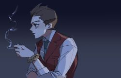 Rule 34 | 1boy, ace attorney, apollo justice, black eyes, bracelet, brown hair, cigarette, collared shirt, crossed arms, dark, gradient background, green necktie, hand up, holding, holding cigarette, jewelry, kaburiburi, lapel pin, lapels, male focus, necktie, parted lips, profile, red vest, shirt, short hair, sketch, sleeves rolled up, smoking, solo, upper body, vest, white shirt