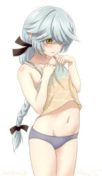 Rule 34 | 1girl, ahoge, black ribbon, braid, brown eyes, camisole, camisole lift, clothes lift, commentary request, cowboy shot, gradient camisole, grey hair, grey panties, hair over eyes, hair ribbon, hamanami (kancolle), kantai collection, long hair, navel, one-hour drawing challenge, panties, ray.s, ribbon, simple background, single braid, solo, standing, underwear, white background, yellow camisole