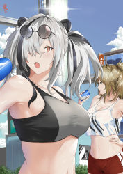Rule 34 | 2girls, :o, absurdres, animal ears, arknights, bare shoulders, black hair, blue sky, breasts, brown eyes, brown hair, can, cloud, commentary, crop top, day, english commentary, eyewear on head, fang, feater (arknights), hair over one eye, hand on own hip, highres, holding, holding can, large breasts, lion ears, long hair, looking at viewer, midriff, multiple girls, navel, open mouth, outdoors, panda ears, profile, red shorts, shorts, siege (arknights), silver hair, skin fang, sky, sports bra, stomach, sunglasses, tank top, twintails, upper body, white tank top, yudhacakranidji
