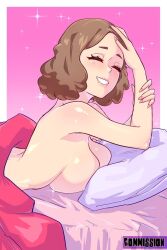 Rule 34 | 1girl, bed, breast press, breasts, brown hair, grin, highres, hito clover, large breasts, looking at viewer, lying, nude, okumura haru, on stomach, persona, persona 5, pillow, smile, solo