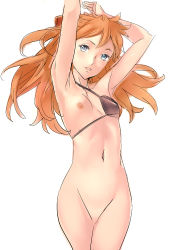 Rule 34 | 1girl, armpits, arms up, brown hair, evangelion: 2.0 you can (not) advance, eyepatch, female focus, flat chest, long hair, navel, neon genesis evangelion, nipples, nishieda, no pussy, rebuild of evangelion, simple background, slender, solo, souryuu asuka langley, standing, white background