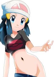 Rule 34 | 1girl, beanie, blue eyes, blue hair, breasts, closed mouth, creatures (company), dawn (pokemon), denim, game freak, groin, hainchu, hair ornament, hairclip, hat, highres, jeans, long hair, looking at viewer, nintendo, pants, pokemon, pokemon (anime), pokemon dppt (anime), simple background, solo, white background, white hat
