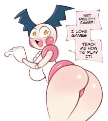 Rule 34 | 1girl, ass, ass focus, bent over, blush, breasts, cameltoe, cleft of venus, creatures (company), english text, female focus, game freak, gen 1 pokemon, gloves, happy, highres, horns, large breasts, leotard, looking at viewer, looking back, monster girl, mr. mime, nintendo, no humans, open mouth, panties, pink panties, pokemon, saltyxodium, shiny skin, sideboob, smile, solo, speech bubble, star-shaped pupils, star (symbol), symbol-shaped pupils, underwear, white background, white gloves, white leotard, wide hips