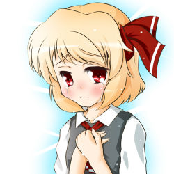 Rule 34 | 1girl, female focus, gradient background, hand on own chest, nori nori ex, rumia, solo, tears, touhou, upper body, white background
