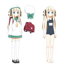Rule 34 | 1girl, :&lt;, backpack, bad id, bad pixiv id, bag, barefoot, blonde hair, blue eyes, blush, bow, character sheet, child, female focus, flat chest, hair bow, hair ribbon, hat, kani biimu, long hair, mary janes, one-piece swimsuit, original, randoseru, ribbon, school swimsuit, school uniform, shimotsuki potofu, shoes, skirt, sleeves past wrists, solo, swimsuit, thighhighs, twintails, two side up, white thighhighs, zettai ryouiki