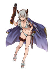 Rule 34 | 10s, 1girl, ammunition, bikini, blue bikini, breasts, brown eyes, cape, cleavage, collarbone, draph, full body, fumitan (humitan), granblue fantasy, grey hair, gun, holding, holding gun, holding weapon, horns, kumuyu, long hair, looking at viewer, low twintails, navel, sandals, simple background, solo, swimsuit, tears, twintails, weapon, white background