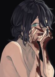 Rule 34 | 1girl, black background, black choker, black hair, blood, blood on face, blood on hands, chainsaw man, choker, crazy, crazy eyes, green eyes, hair bun, hair over one eye, highres, looking to the side, nude, open mouth, reze (chainsaw man), short hair, simple background, smile, solo, upper body, woruworu 61