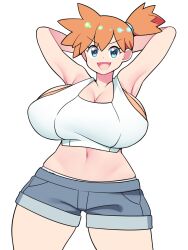 Rule 34 | 1girl, alternate breast size, armpits, arms up, bare shoulders, bellupup, blue eyes, blue shorts, breasts, cleavage, cowboy shot, creatures (company), game freak, highres, huge breasts, looking at viewer, midriff, misty (pokemon), navel, nintendo, open mouth, orange hair, pokemon, pokemon lgpe, short sidetail, shorts, simple background, smile, solo, standing, tank top, white background, white tank top