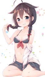 Rule 34 | 10s, 1girl, :d, adapted costume, ahoge, alternate costume, alternate hairstyle, azuki (krps-hano), bare legs, bare shoulders, between legs, bikini, bikini top only, black bikini, bow, braid, breasts, brown hair, cleavage, collarbone, grin, hair bow, hair ornament, hairpin, hand between legs, highres, kantai collection, looking at viewer, manatsuki manata, navel, off shoulder, open clothes, open mouth, open shirt, red bow, sarong, shigure (kancolle), shigure kai ni (kancolle), shirt, simple background, sitting, small breasts, smile, solo, stomach, swimsuit, teeth, twin braids, white background, white shirt, yokozuwari