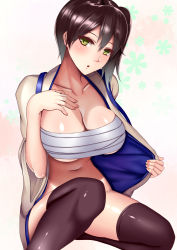 Rule 34 | 10s, 1girl, black thighhighs, bottomless, breasts, brown hair, collarbone, convenient leg, female focus, gradient background, highres, kaga (kancolle), kantai collection, large breasts, looking at viewer, naked shirt, navel, open clothes, open shirt, sarashi, shirt, side ponytail, solo, suika (atelier-yuu), thighhighs, underboob, yellow eyes