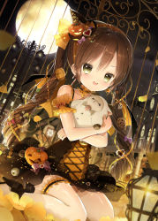 Rule 34 | 1girl, :d, absurdres, bad id, bad pixiv id, bare shoulders, black cape, black footwear, blurry, blurry foreground, blush, bridal garter, brown choker, brown dress, brown eyes, brown hair, brown hat, building, candy, candy cane, candy wrapper, cape, character request, choker, clock, clock tower, collarbone, cookie, depth of field, dress, dutch angle, earrings, fang, fence, food, frilled choker, frills, full moon, hair between eyes, hair ribbon, hat, heart, high heels, highres, hugging object, jack-o&#039;-lantern, jack-o&#039;-lantern earrings, jewelry, lamppost, long hair, looking at viewer, mini hat, moon, night, night sky, official art, open mouth, orange ribbon, outdoors, qurare magic library, ribbon, see-through, shoes, siloteddy, sitting, sky, sleeveless, sleeveless dress, smile, solo, stuffed animal, stuffed sheep, stuffed toy, teeth, tower, transparent, twintails, upper teeth only, very long hair, wariza