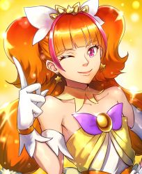 Rule 34 | 1girl, ;), amanogawa kirara, bare shoulders, cure twinkle, detached collar, eyebrows, gloves, go! princess precure, hand on own hip, index finger raised, long hair, magical girl, multicolored hair, nyaasora, one eye closed, orange hair, pink eyes, pink hair, precure, smile, solo, tiara, twintails, two-tone hair, white gloves