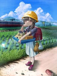 Rule 34 | 1girl, absurdres, backpack, bag, blue sky, brown hair, can, child, cloud, coca-cola, crying, crying with eyes open, day, drink can, full body, grass, grey shirt, hat, highres, holding, holding tray, kagenoyuhi, long hair, looking at viewer, low twintails, model building, original, outdoors, purple footwear, randoseru, red bag, red eyes, rice paddy, school hat, shirt, shoes, short sleeves, skirt, sky, soda can, solo, standing, streaming tears, striped clothes, striped shirt, tears, train, tray, twintails, white skirt, wiping tears, yellow hat
