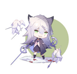 Rule 34 | 1girl, 2others, animal ears, arknights, bad id, bad pixiv id, black footwear, black gloves, black jacket, black skirt, boots, chibi, commentary request, full body, gloves, green background, green eyes, grin, hair between eyes, holding, holding sword, holding weapon, hua ye, jacket, lappland (arknights), lappland (refined horrormare) (arknights), long hair, long sleeves, looking at viewer, multiple others, official alternate costume, open clothes, open jacket, pleated skirt, scar, scar across eye, scar on face, sharp teeth, shirt, silver hair, skirt, smile, standing, sword, teeth, two-tone background, very long hair, weapon, white background, white shirt