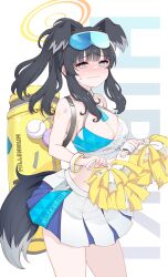 Rule 34 | 1girl, absurdres, anavi, animal ears, bare shoulders, black hair, blue archive, blue skirt, breasts, bright pupils, cheerleader, cleavage, closed mouth, commentary request, criss-cross halter, dog ears, dog girl, dog tail, embarrassed, gloves, golf bag, grey eyes, halo, halterneck, hibiki (blue archive), hibiki (cheer squad) (blue archive), high ponytail, highres, large breasts, looking at viewer, medium breasts, medium hair, millennium cheerleader outfit (blue archive), miniskirt, multicolored clothes, multicolored skirt, partially fingerless gloves, pleated skirt, pom pom (cheerleading), single glove, skirt, solo, standing, star sticker, sticker on arm, sweatdrop, tail, thighs, wavy mouth, white pupils, white skirt