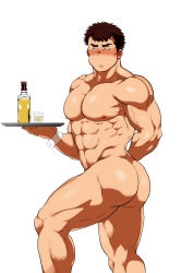 Rule 34 | 1boy, abs, absurdres, ass, bara, blush, brown hair, chabashira tatsukichi, completely nude, convenient leg, crossdressing, feet out of frame, highres, holding, holding tray, large pectorals, male focus, muscular, muscular male, navel, navel hair, nipples, nose blush, nude, original, pectorals, short hair, solo, stomach, thick thighs, thighs, tray, veins