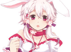 Rule 34 | 1girl, :&lt;, :3, agechi, animal ears, ayakashi onmyouroku, bare shoulders, bow, cherry blossoms, choker, clenched hand, collarbone, flower, hair flower, hair ornament, hairclip, hare of inaba, hare of inaba (ayakashi onmyouroku), hare of inaba (character), jewelry, lips, necklace, off shoulder, open mouth, pink eyes, rabbit ears, rabbit girl, short hair, simple background, solo, suketyo, twintails, upper body, white background, white hair