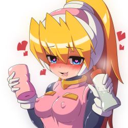 Rule 34 | 1girl, artificial vagina, blonde hair, blue eyes, blush, bodysuit, bottle, breasts, capcom, ciel (mega man), covered erect nipples, gloves, hair between eyes, headgear, heart, heart-shaped pupils, high ponytail, holding, large breasts, long hair, mega man (series), mega man zero (series), object insertion, ponytail, semikichi, sex toy, smile, solo, symbol-shaped pupils, tight clothes, tongue, tongue out, white background, white gloves