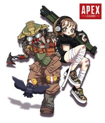 Rule 34 | 1girl, 1other, apex legends, axe, bird, black shirt, black shorts, bloodhound (apex legends), brown eyes, brown hair, camouflage footwear, copyright name, crop top, crow, energy gun, goggles, gun, headphones, helmet, highres, holding, holding axe, holding gun, holding weapon, licking lips, logo, m1904 mastiff, midriff, navel, original, over shoulder, purple eyes, pushixe, raven&#039;s bite, rebreather, shirt, shoes, shorts, shotgun, smile, sneakers, tongue, tongue out, weapon, weapon over shoulder, white background