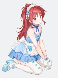 Rule 34 | 1girl, apron, bare arms, bare shoulders, blue dress, blue footwear, blue ribbon, chigusa asuha, choker, dress, flat chest, frown, gloves, hair ornament, long hair, looking at viewer, ponytail, qualidea code, red eyes, red hair, ribbon, ribbon choker, seiza, sekiya asami, shoes, short dress, simple background, sitting, sleeveless, sleeveless dress, solo, thighhighs, v-shaped eyebrows, waist apron, white background, white gloves, white thighhighs