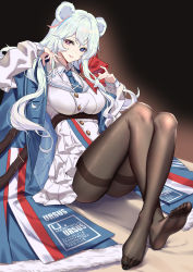 Rule 34 | 1girl, 5plus, absurdres, animal ears, arknights, bear ears, black pantyhose, blue eyes, blue hair, blue jacket, blue nails, blue necktie, breasts, commentary request, dress, feet, full body, hands up, heterochromia, highres, jacket, large breasts, long hair, long sleeves, looking at viewer, multicolored hair, nail polish, necktie, no shoes, pantyhose, parted lips, purple eyes, red hair, rosa (arknights), sitting, smile, soles, solo, streaked hair, toes, white dress, white hair, wing collar