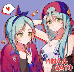 Rule 34 | 2girls, aqua hair, arm behind head, bang dream!, bare shoulders, baseball cap, black jacket, black shirt, blue ribbon, blush, bow, braid, breasts, character name, closed mouth, collarbone, commentary, crop top, dodam prc, earrings, floral print, green eyes, hair between eyes, hair bow, hair ribbon, halftone, halftone background, hat, heart, hikawa hina, hikawa sayo, jacket, jewelry, large breasts, long hair, long sleeves, looking at viewer, midriff, multiple girls, off shoulder, open clothes, open jacket, parted bangs, red jacket, ribbon, shirt, siblings, sidelocks, sparkle, spoken heart, sweatdrop, tank top, twins, upper body, v, white tank top, yellow bow