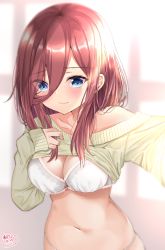Rule 34 | 1girl, akino ell, bare shoulders, blue eyes, blurry, bra, breasts, cleavage, closed mouth, clothes lift, go-toubun no hanayome, hair between eyes, highres, large breasts, long hair, long sleeves, looking at viewer, nakano miku, navel, no pants, off shoulder, panties, red hair, selfie, sidelocks, signature, solo, stomach, sweater, sweater lift, underwear, white bra