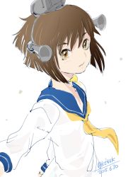 Rule 34 | 10s, 1girl, 2015, 4suke, brown eyes, brown hair, dated, dress, hair ornament, kantai collection, long sleeves, open mouth, sailor dress, short hair, simple background, solo, twitter username, upper body, white background, yukikaze (kancolle)