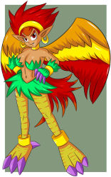 Rule 34 | 1girl, bird wings, breasts, cleavage, dark-skinned female, dark skin, fang, feathers, hands on own hips, harpy, harpy (wonder boy), headband, jewelry, large breasts, monster girl, monster world, monster world iv, muscular, navel, neck ring, pointy ears, red eyes, red hair, sega, shiny skin, spiked hair, talons, toned, wings, wonder boy, wonder boy: asha in monster world, xbuster
