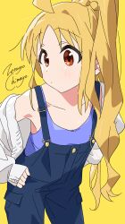 Rule 34 | 1girl, absurdres, ahoge, alternate costume, artist name, blonde hair, blue overalls, blue shirt, bocchi the rock!, collarbone, commentary request, highres, ijichi nijika, long hair, looking to the side, overalls, red eyes, shirt, side ponytail, simple background, sleeveless, sleeveless shirt, solo, yellow background, zetsuyo chimayo