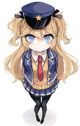 Rule 34 | 1girl, :&lt;, arms behind back, bad id, bad twitter id, black legwear, blazer, blonde hair, blue eyes, blue hat, blue jacket, blue skirt, blush, eyelashes, girls&#039; frontline, hat, jacket, kairi630, long hair, long sleeves, looking at viewer, necktie, open clothes, open jacket, pleated skirt, red necktie, ribbon, shadow, simple background, skirt, solo, standing, star (symbol), super-shorty (girls&#039; frontline), two side up, white background