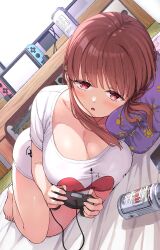 Rule 34 | 1girl, anatatachi soredemo sensei desu ka!, barefoot, bed sheet, beer can, blush, breasts, brown hair, can, collarbone, commentary, controller, cosplay, costume switch, drink can, game controller, highres, holding, holding controller, holding game controller, indoors, ishizaka ryuudai, large breasts, looking at viewer, lying, meka (anatatachi soredemo sensei desu ka!), on floor, on side, open mouth, pillow, red eyes, shirt, short hair with long locks, shortstack, solo, thighs, white shirt