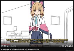 Rule 34 | 1girl, animal ears, arms at sides, black skirt, blonde hair, blue archive, blue necktie, collared shirt, commentary, cowboy shot, dot nose, english commentary, english text, fake animal ears, fake screenshot, highres, indoors, jacket, long sleeves, looking at viewer, low tier god, momoi (blue archive), necktie, off shoulder, open mouth, pink eyes, pleated skirt, profanity, shirt, sidelocks, skirt, solo, standing, tsunderemaids, twitter username, white shirt, youtube