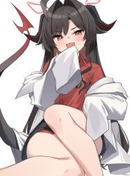 Rule 34 | 1girl, absurdres, ahoge, black hair, black horns, black shorts, black tail, blue archive, coat, collared shirt, commentary, demon horns, hair intakes, halo, highres, horns, kasumi (blue archive), korean commentary, lab coat, long hair, oversized clothes, red halo, red shirt, shirt, shirt tucked in, shorts, simple background, sleeves past fingers, sleeves past wrists, solo, white background, white coat, yellow eyes, ziro (zirorong)