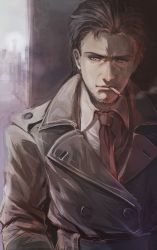 Rule 34 | 1boy, bad id, bad pixiv id, brown hair, buttons, cigarette, coat, double-breasted, facial hair, male focus, metal gear (series), metal gear solid, metal gear solid 4: guns of the patriots, necktie, senano-yu, solid snake, solo, stubble, trench coat