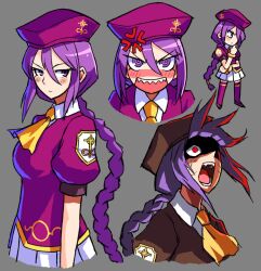 Rule 34 | 1girl, @ @, anger vein, angry, annoyed, artist request, beret, blush, braid, braided ponytail, chibi, corruption, crazy eyes, cross, expressions, grey background, hat, highres, long bangs, long hair, long legs, melty blood, puffy short sleeves, puffy sleeves, purple eyes, purple hair, red eyes, short sleeves, sion eltnam atlasia, sion tatari, source request, tsukihime, type-moon, uniform, vampire