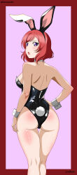 Rule 34 | 1girl, :o, absurdres, alternate breast size, alternate costume, animal ears, ass, backless leotard, bare arms, bare legs, bare shoulders, black hairband, blush, body blush, border, breasts, cowboy shot, dorsalecart, fake animal ears, from behind, hairband, hand on own hip, highres, large breasts, leotard, looking at viewer, looking back, love live!, love live! school idol project, medium hair, nishikino maki, open mouth, playboy bunny, purple eyes, rabbit ears, rabbit tail, red border, red hair, solo, tail, thigh gap, thighs, wrist cuffs