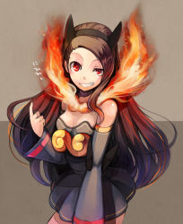 Rule 34 | 1girl, bad id, bad pixiv id, bare shoulders, breasts, brown hair, cosplay, creatures (company), detached sleeves, dress, emboar, emboar (cosplay), fire, game freak, gen 5 pokemon, grin, hairband, idolmaster, idolmaster (classic), long hair, minase iori, nintendo, personification, pointing, pokemon, pos (shiratama-ya), red eyes, smile, solo, uneven eyes