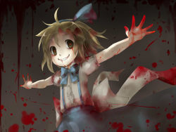 Rule 34 | 1girl, alice margatroid, alice margatroid (pc-98), blonde hair, blood, crazy eyes, creepy, female focus, fred04142, grin, hairband, horror (theme), mystic square, outstretched arms, smile, solo, spread arms, touhou, touhou (pc-98), yandere, yellow eyes