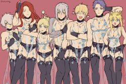 Rule 34 | 2girls, 5boys, adjusting hair, airgetlam (fate), artoria pendragon (fate), artoria pendragon (lancer) (fate), artoria pendragon (lancer alter) (fate), artoria pendragon (lancer alter) (fate) (cosplay), artoria pendragon (lancer alter) (royal icing) (fate), bad id, bad twitter id, bedivere (fate), blonde hair, breasts, closed eyes, collar, cosplay, covering privates, covering chest, covering crotch, crossdressing, crown, fate/grand order, fate (series), galahad (fate), garter belt, garter straps, gawain (fate), highres, knights of the round table (fate), lace, lace-trimmed legwear, lace trim, lancelot (fate/grand order), lingerie, mordred (fate), mordred (fate/apocrypha), multiple boys, multiple girls, official alternate costume, purple hair, red hair, revealing clothes, see-through, smug, thighhighs, tristan (fate), underwear, uuruung, white hair
