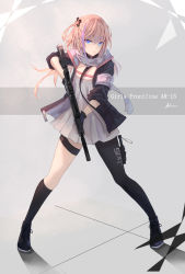 Rule 34 | &gt;:(, 1girl, aa-aster, ar-15, armband, artist name, asymmetrical legwear, black footwear, black gloves, black jacket, black necktie, black socks, blue eyes, character name, closed mouth, clothes writing, copyright name, dress, fighting stance, girls&#039; frontline, gloves, grey background, grey dress, grey scarf, gun, hair between eyes, hair ornament, highres, holding, holding gun, holding weapon, holster, jacket, kneehighs, legs apart, long hair, looking at viewer, multicolored hair, name connection, necktie, object namesake, one side up, open clothes, open jacket, orange hair, pantyhose, purple hair, rifle, scarf, shoes, single leg pantyhose, sleeves pushed up, socks, solo, st ar-15 (girls&#039; frontline), streaked hair, thigh holster, thigh strap, uneven legwear, weapon