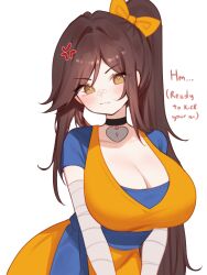 1girl :3 absurdres anger_vein bandaged_arm bandages bandaid bandaid_on_face bandaid_on_nose blush bow breasts brown_hair choker cleavage collarbone cosplay dougi dragon_ball dragonball_z hair_between_eyes hair_bow heart heart-shaped_pupils heart_choker highres indie_virtual_youtuber large_breasts long_hair looking_at_viewer orange_bow ponytail side_ponytail simple_background sky_above_me sky_above_me_(vtuber) smile solo son_goku son_goku_(cosplay) symbol-shaped_pupils very_long_hair virtual_youtuber white_background