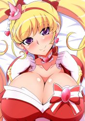 Rule 34 | 1girl, aokura shou, asahina mirai, bed, blonde hair, blush, breasts, cure miracle, cure miracle (ruby style), earrings, gloves, hat, heart, heart earrings, highres, jewelry, large breasts, long hair, looking at viewer, lying, mahou girls precure!, mini hat, mini witch hat, on back, precure, purple eyes, ruby style, smile, solo, twintails, upper body, white gloves, witch hat