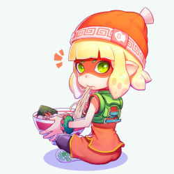 Rule 34 | 1girl, arms (game), beanie, black legwear, blonde hair, blunt bangs, bowl, bracelet, closed mouth, cosplay, food, green eyes, hat, inkling player character, jewelry, looking at viewer, mask, min min (arms), min min (arms) (cosplay), nintendo, noodles, orange hat, pointy ears, short hair, simple background, sitting, solo, tentacle hair, w2398510474, white background