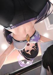 Rule 34 | absurdres, black hair, blue archive, g home, highres, navel, open mouth, pants, ponytail, purple eyes, sports bra, sportswear, sumire (blue archive), tagme, yoga pants