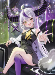 Rule 34 | 1girl, :d, absurdres, ahoge, ascot, black horns, commentary request, couch, crossed legs, detached sleeves, grey hair, highres, hololive, horns, la+ darknesss, la+ darknesss (1st costume), long hair, looking at viewer, multicolored hair, on couch, open mouth, pantyhose, pointy ears, purple hair, purple pantyhose, runlan 0329, single leg pantyhose, smile, solo, streaked hair, striped horns, thighs, virtual youtuber, white sleeves, yellow ascot, yellow eyes