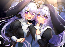 Rule 34 | 2girls, blush, breasts, closed mouth, cross, cross necklace, fang, habit, hair ribbon, indoors, jewelry, large breasts, light beam, long hair, looking at viewer, multiple girls, necklace, nun, open mouth, purple eyes, ribbon, senki zesshou symphogear, silver hair, star-shaped pupils, star (symbol), sweat, symbol-shaped pupils, wada chiyon, yukine chris