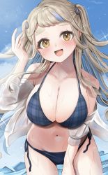 Rule 34 | 1girl, :d, bare shoulders, bikini, blonde hair, blue bikini, blue hair, blue sky, breasts, brown eyes, cleavage, cloud, collarbone, cowboy shot, day, highres, large breasts, leaning forward, long hair, long sleeves, looking at viewer, machita chima, mori (pepekataokapepe), multicolored hair, navel, nijisanji, off shoulder, open mouth, outdoors, plaid, plaid bikini, see-through, shirt, sky, smile, solo, sparkle, streaked hair, swimsuit, thick eyebrows, two-tone hair, two side up, virtual youtuber, water, wet, wet clothes, wet shirt, white shirt
