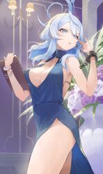 Rule 34 | 1girl, ako (blue archive), ako (dress) (blue archive), ass, blue archive, blue dress, blue eyes, blue hair, blue halo, breasts, cleavage, cowboy shot, cuffs, dress, hair between eyes, halo, handcuffs, highres, holding, indoors, large breasts, long hair, official alternate costume, open mouth, sideboob, sleeveless, sleeveless dress, solo, thighs, uohara shinji